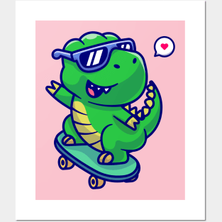 Cute Dino Playing Skateboard Cartoon Posters and Art